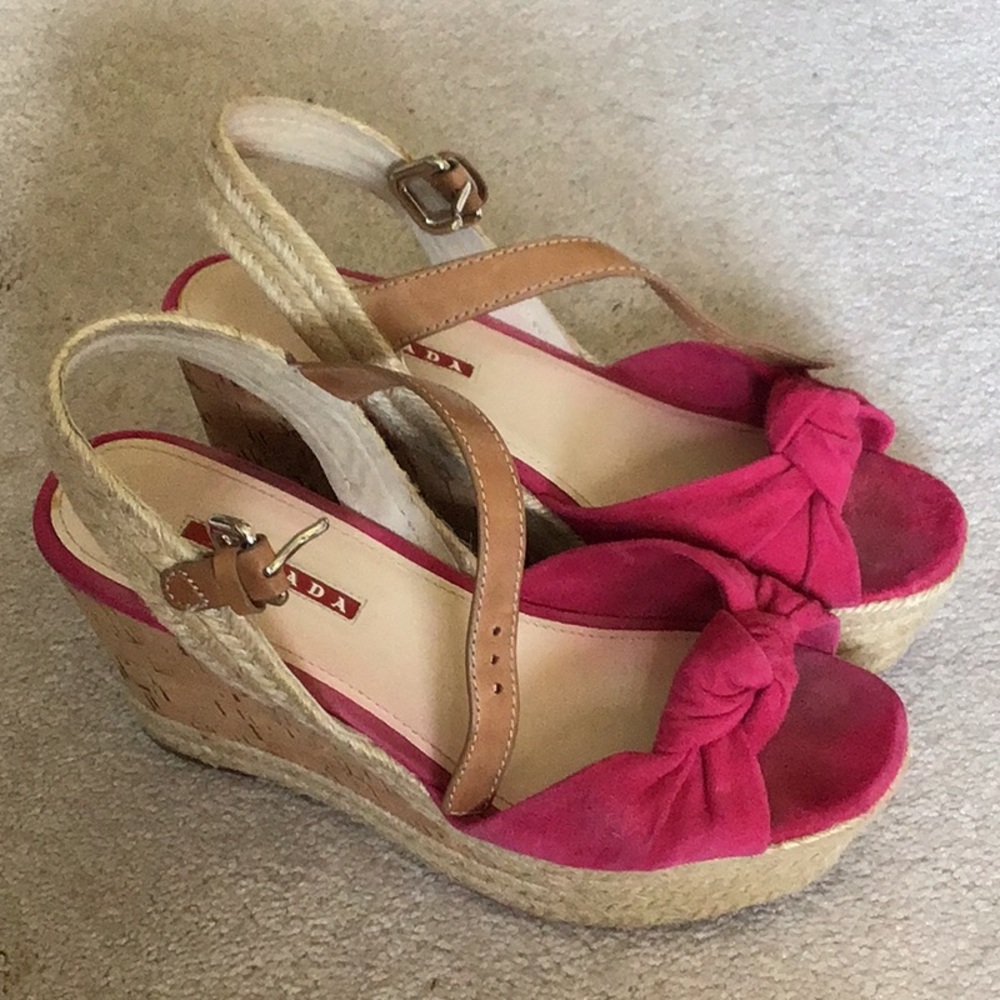 Prada  Peonia Suede Platform Wedge Open Sandals Authentic.
